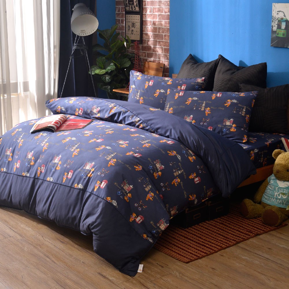 奧斯汀/泰迪兩用被床包組/精梳美國棉/TD001-2遊倫敦(深藍)