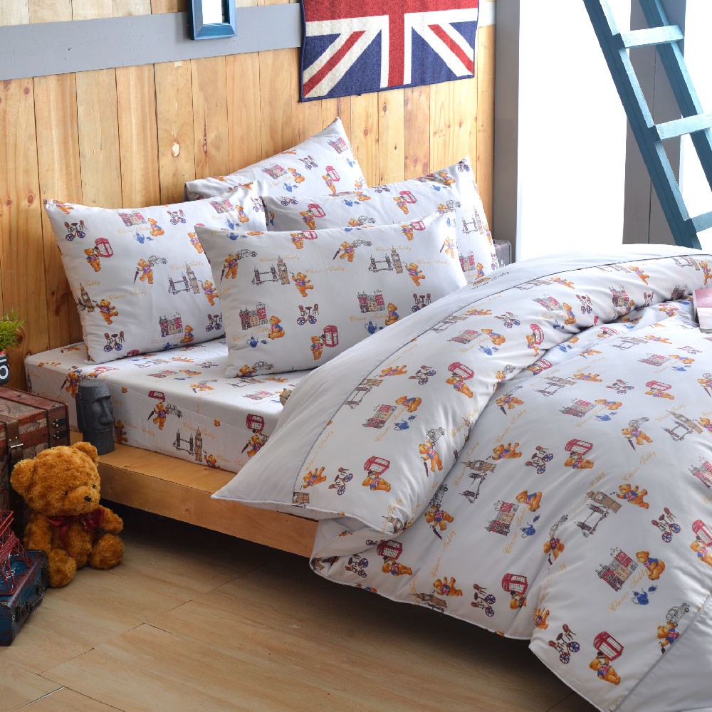 奧斯汀/泰迪兩用被床包組/精梳美國棉/TD001-1遊倫敦(淺灰)