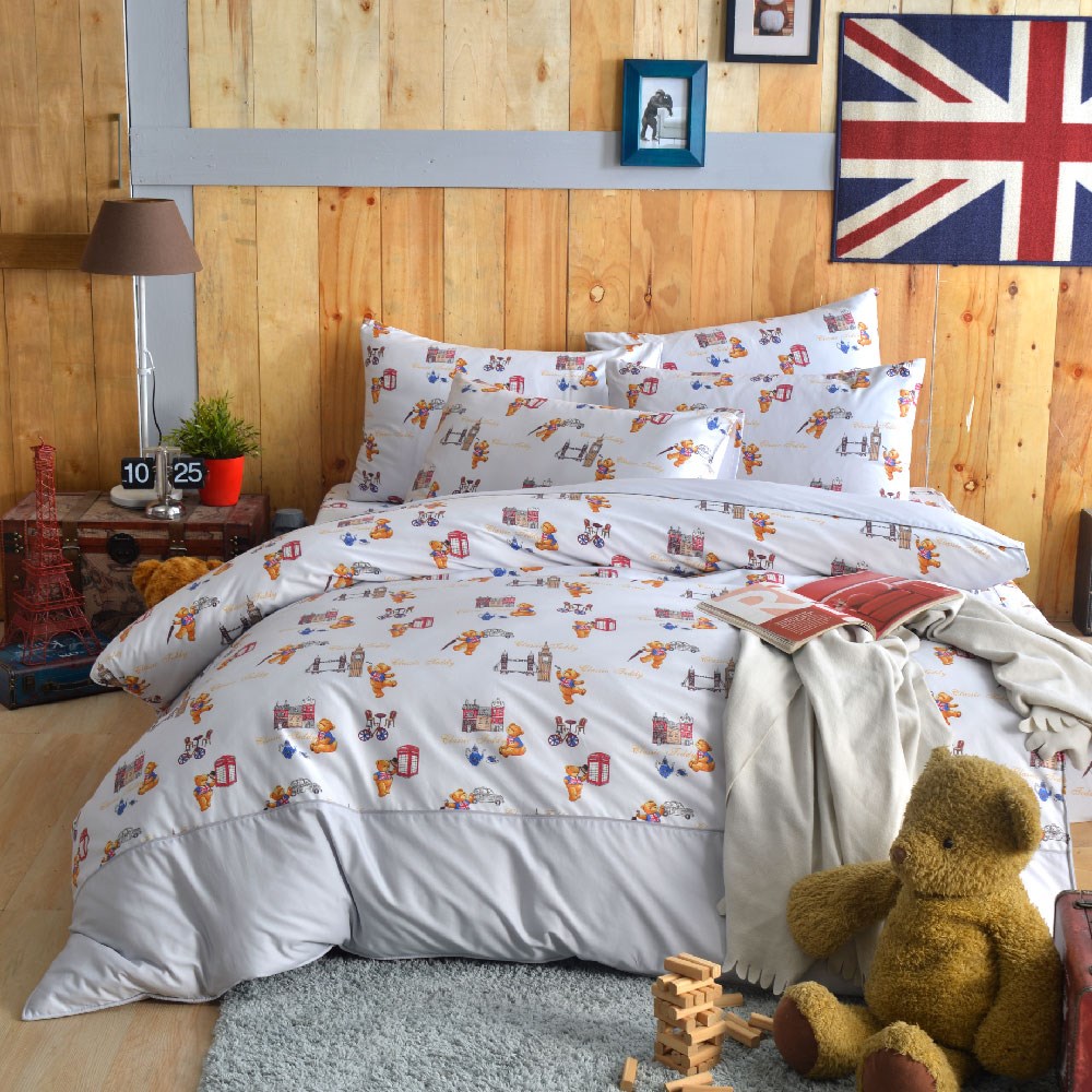 奧斯汀/泰迪兩用被床包組/精梳美國棉/TD001-1遊倫敦(淺灰)