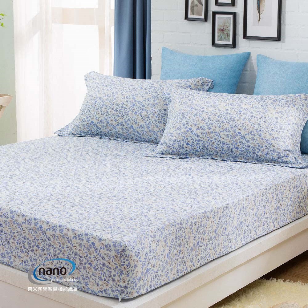 純粹好棉100%無異纖精梳純棉/2215眠花香(水藍)|床包組|兩用被床包組|床罩組 