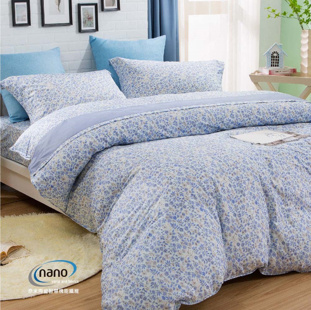 純粹好棉100%無異纖精梳純棉/2215眠花香(水藍)|床包組|兩用被床包組|床罩組 
