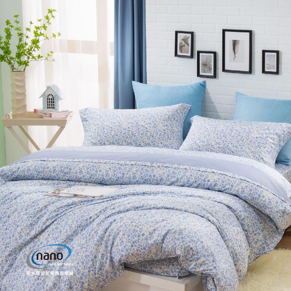 純粹好棉100%無異纖精梳純棉/2215眠花香(水藍)|床包組|兩用被床包組|床罩組 